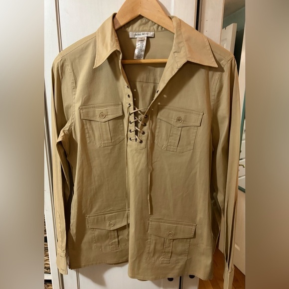 Y2K Vintage Y2K Utility Cargo Beige Lace-Up Safari Shirt Nine West Medium - Picture 4 of 5
